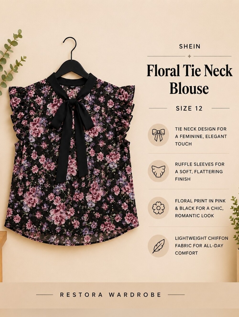 SHEIN Floral Chiffon Tie Neck Blouse Size 12 Ruffle Sleeve Boho Top